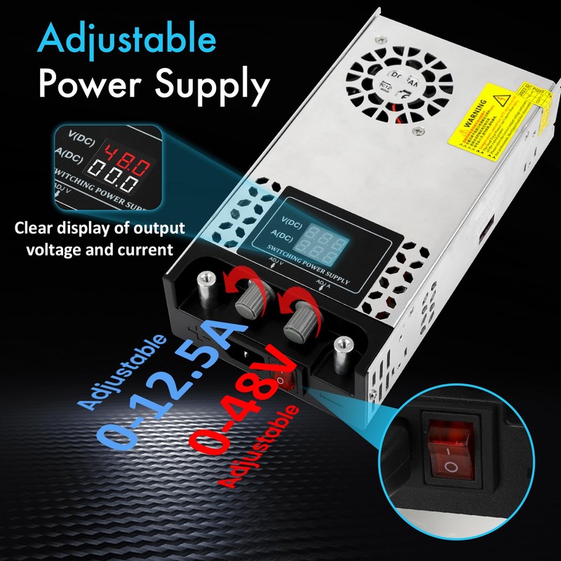 NUOWEIDE Adjustable 0-48V Power Supply 12.5A 600W, 110V AC to
