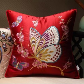 KIJISU Butterfly Throw Pillow, Flower Butterfly Oriental Embroidery Cushion Decorative Pillow for Couch Living Room Bed (RED,17.7"x17.7")