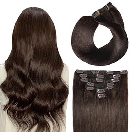 SUYYA Clip-In Real Hair Extensions, Salon Remy Human Hair Extensions, Straight Straight Hair Extensions, Clip, Double Stitched, 12 Inches, 30 cm, 7 Pieces, 70 g, #2 Dark Brown