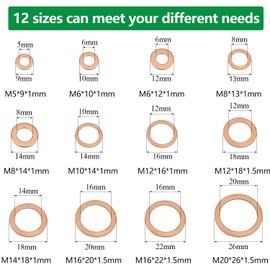 300 PCS Copper Sealing Rings Assortment Set, 12 Sizes Copper Metric Flat Sealing Washers Kit, Sump Plug Gasket Crush Washer Assortment, M5 M6 M8 M10 M12 M14 M16 M20