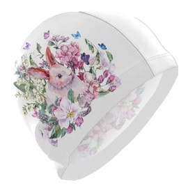 Dallonan Swimming Cap Spring Flowers Butterfly Rabbit Unisex Adult Swim Cap Polyester