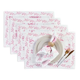 Solino Home Pink Floral Print Placemats 14 x 19 Inch - 100% Pure Linen Tablemats Set of 4 - Printed Linen Placemats for Summer - Jolie Fleur