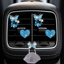 Blue Heart & Butterfly Air Vent Clips, 4 Pcs Bling Heart Air Fresheners Vents Clips Car Diffuser Diamond Interior Decor Charm Cute Accessories + Cute Mask Hook