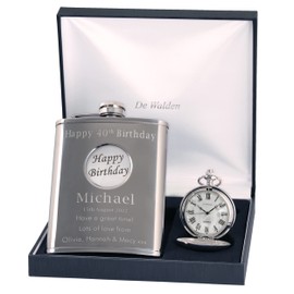 Engraved 40th Birthday Pewter 'Happy Birthday' Feature Mother of Pearl Pocket Watch and Hip Flask Gift Set
