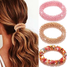 Fashey Rhinestone Hair Ties Champagne Ponytail Holder Elastic Hairbands 3 Pcs Crystal Hair Scrunchies for Women