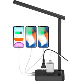 Drevet LED Desk lamp with USB C Charging Port, Table Light with 3 USB Charger and 2 AC Power Outlet, 3 Color Model, 3 Level Brightness, Touch Control, Memory Function, Eye-Caring Office Foldable Lamp