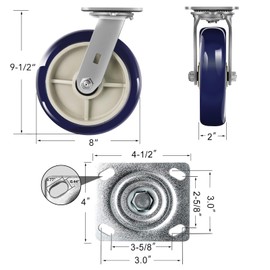 FOVERSWIVE 8"x 2" Industrial Casters-Heavy Duty Casters,Polyurethane on Polyolefin Casters - Loading Capacity up to 1250 LB, Use for U-Boat Cart,Platform Truck(1 Swivel)