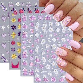 4 Sheets Colorful Flower Nail Art Stickers Decals 5D Embossed Spring Nail Decals Self-Adhesive Daisy Butterfly Heart Nail Design French Tips Nail Supplies Accessories for Women Girls Nail Decoration