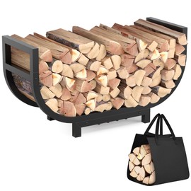 HXJLJY 30-inch Firewood Rack Outdoor Indoor with Log Carrier Bag, Stable Log Holder Rustproof Metal Wood Rack for Fireplace Patio Deck Firepit, Heavy Duty Firewood Storage Organizer Tool, Black