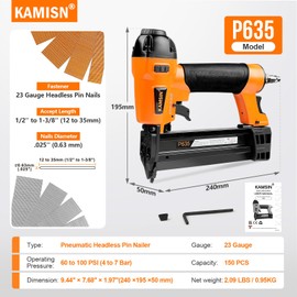 KAMSIN P635 23 Gauge Pneumatic Pin Nailer, Accepts 1/2'' to 1-3/8'' Pin Nails, Air Micro Pin Nail Gun with Safety Lock, Headless Pinner Gun for Cabinets, Trim, Woodworking and DIY Projects