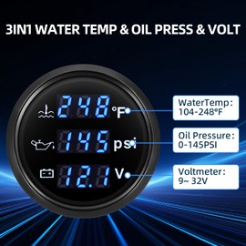 MH Triple Gauge Set - Water Temp (104°F-248°F), Oil Pressure (0-145PSI), Voltmeter (9-32V), Blue Backlight AUTO Gauge with Sensors 2" 52mm 3-in-1 Boat Marine Meter Kit (Black)