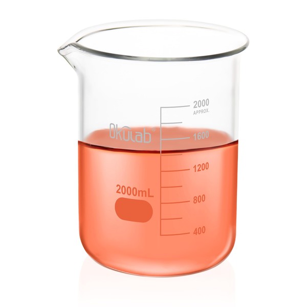Okulab 2000mL Glass Beaker, Low Form, Graduated 3.3 Borosilicate Glass