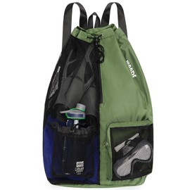 WANDF Swim Bag Mesh Drawstring Backpack with Wet Pocket Beach Backpack for Swimming, Gym, and Workout Gear(XL-Dark Green)