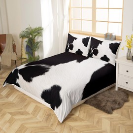 Cow Print Bedding Set Queen Size Kids Black White Cowhide Print Comforter Cover Set for Boys Girls Teens Farmhouse Animal Duvet Cover Breathable Bedspread Cover Abstract Art Room Decor Quilt Cover
