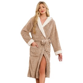 HEARTNICE Womens Hooded Plush Robes Soft Warm Long Bathrobe for Women Fluffy Winter Loungewear (Brown Mel.,S/M)