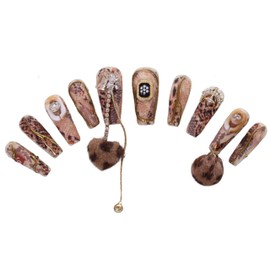 PN-022 Press-On Nails Lacquered Pack of 10 Reusable Artificial Premium Nails Reptiles Snake Pattern Crystals Bobble Beige Brown
