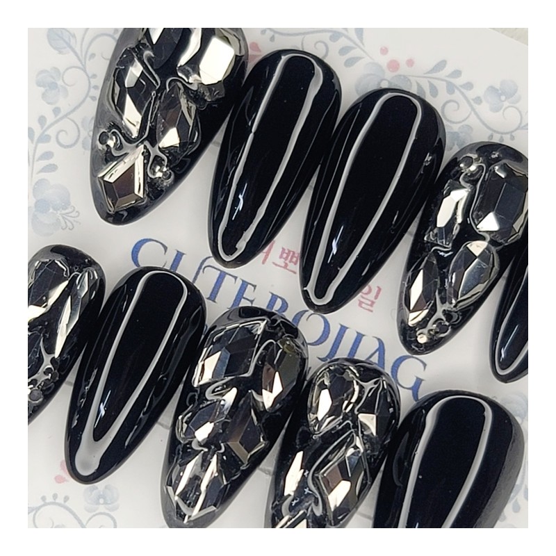 All black full stone handmade nail tips - Almond S