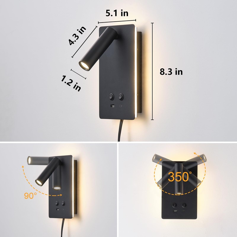 LED Reading Light Wall Mounted Lamp with 3 Brightness Dimmable