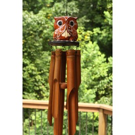 G6 COLLECTION Handmade Wooden Owl Bamboo Wind Chime Wood Statue Figurine Hoot Sculpture Art Decorative Rustic Patio Garden Outdoor Decor Handcrafted Decoration (Speak No Evil Owl Chime)