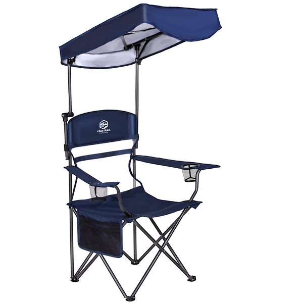 Coastrail Outdoor Canopy Camping Chair Multi-Position Adjustable Folding Shade Chair SPF 50+ Sun Protection with Cup Holder & Storage Pockets, Patio, Blue,Extra Large