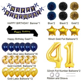 yujiaonly 41st Birthday Party Decorations-Happy Birthday Banner Gold Number 41st Balloons Happy Birthday Sash Latex and Confetti Balloons Perfect for 41 Years Old Party Supplies Balloons Dark Blue