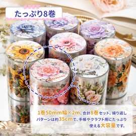 Collage Material, Collage Stickers, Masking Tape, 8 Rolls, Flower Pattern Flake Stickers, Retro Design, Translucent PET, 1.97 inches (50 mm) Width x 6.6 ft (2 m), Waterproof, DIY, Notebook Decoration