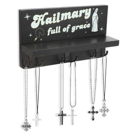 Mary Praying Rosary Holder,Large Wooden Rosary Tray Wall Mount With 6 Hangers Catholic Rosary Storage Organizer Decorative Hanger Holder For Necklace, Bracelet，Cross Key Chain Prayer Storage