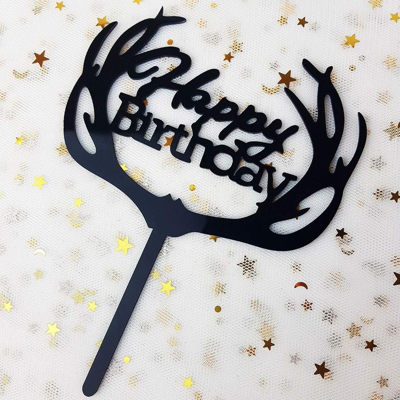 Antlers - Decoración para tartas de feliz cumpleaños (acrílico negro)