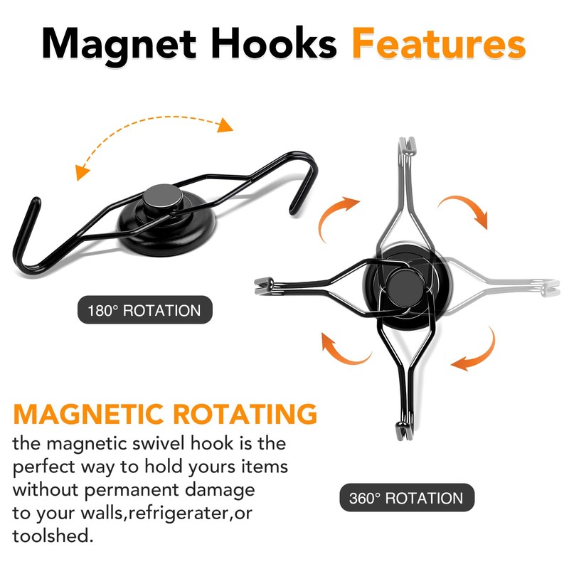 MIKEDE 120 LBS Black Magnetic Hooks, 6 Pack Swivel Swing