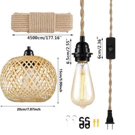 Vintage Plug in Pendant Light Wicker Rattan Hanging Lights with 15ft Hemp Rope Cord Mini Bamboo Lampshade Boho Wall Lighting Fixture Swag Lamp for Kitchen Island Farmhouse Living Dining Room Bedroom
