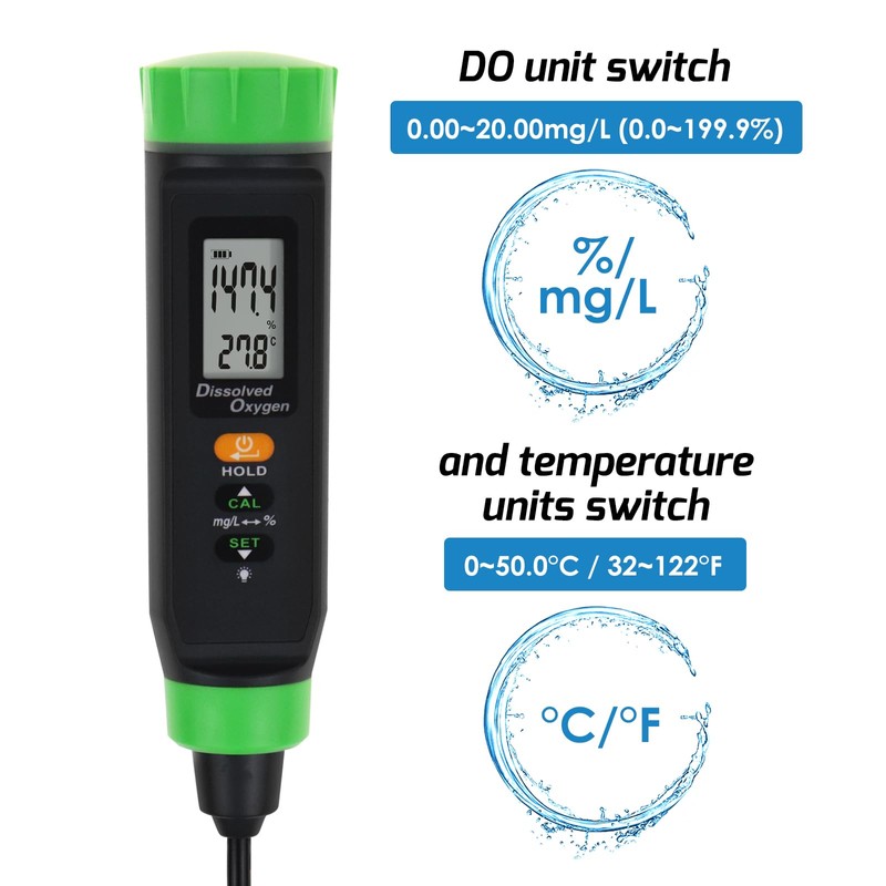 Dissolved Oxygen Meter with ATC Portable DO Meter with Long