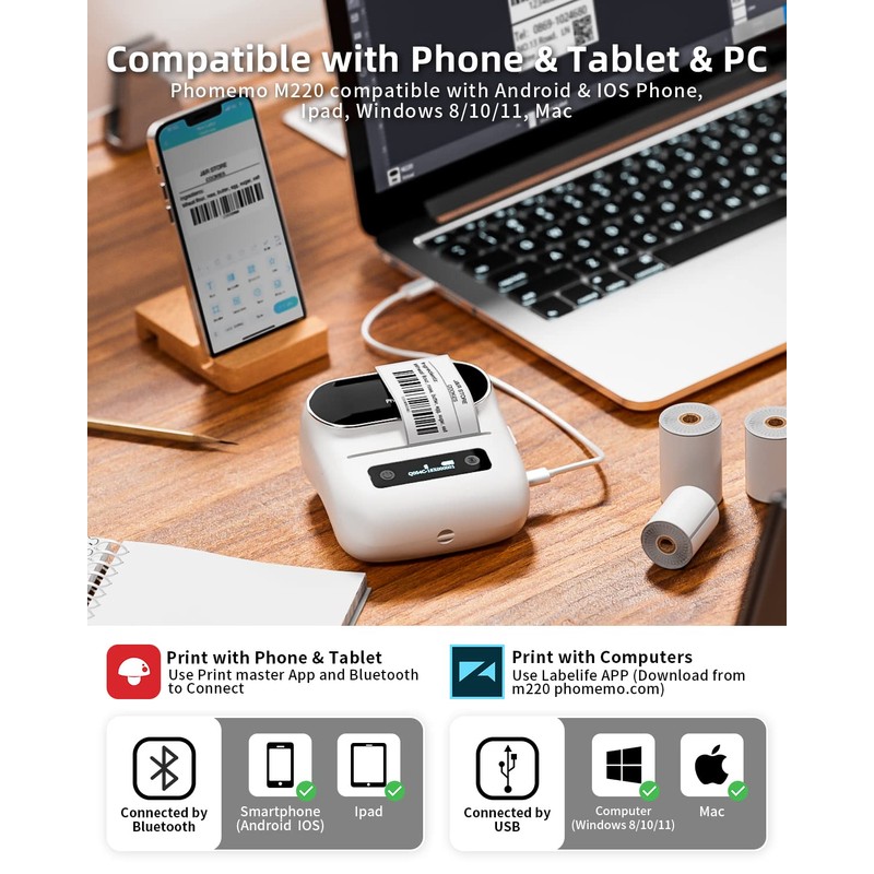 Phomemo Label Maker, M220 Barcode Printer, Thermal Bluetooth Label Printer