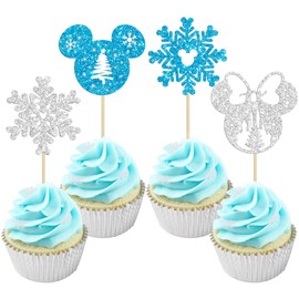 24 piezas inspiradas en ratones con copos de nieve y copos de nieve plateados y azules con purpurina, para decoración de pasteles de árbol de copo de nieve para invierno con temática del país de las maravillas para baby shower, cumpleaños, feliz Navidad,