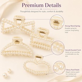 4 PCS Simulated Pearl Hair Claw Clips for Women, White Flat Pearl Claw Clips for Bridesmaid Prom Thin & Thick Hair, Fashion Hair Accessories