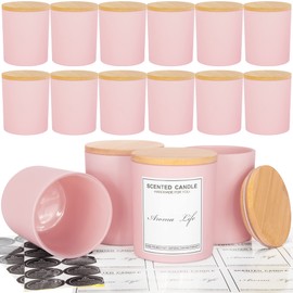 Creahaus 10oz, 16 Pack Thick Candle Jars with Bamboo Lids for Making Candles, Bulk Pink Empty Glass Candle Containers & Sticky Labels, Warming Labels Kit, Heat Resistant Candle Vessels