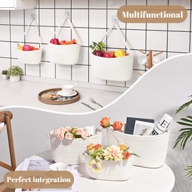 Hanging Storage Baskets, 3-Tier Over the Door Basket, Cotton Wall Basket Storage, Detachable Hanging Door Basket with 4 Hooks, Over the Door Organizer Nursery for Bedroom, Living Room, Bathroom Wall