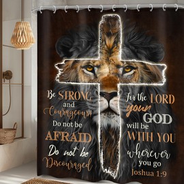 Omifly Lion Quotes Shower Curtain 60Wx72H Inch Man Boy Bible Verse Scripture Christain Cross Inspirational African American Animal King with 12 Plastic Hooks Fabric Waterproof Toilet Accessories Decor
