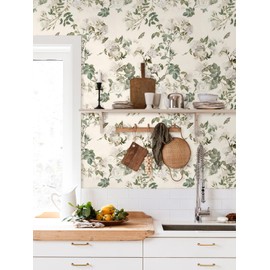 Wudnaye Vintage Floral Peel and Stick Wallpaper Beige Flower Contact Paper16.9’’×196’’Green Leaf Self Adhesive Removable Wallpaper Floral Rose Wall Paper Waterproof for Bathroom Bedroom Cabinets Decor
