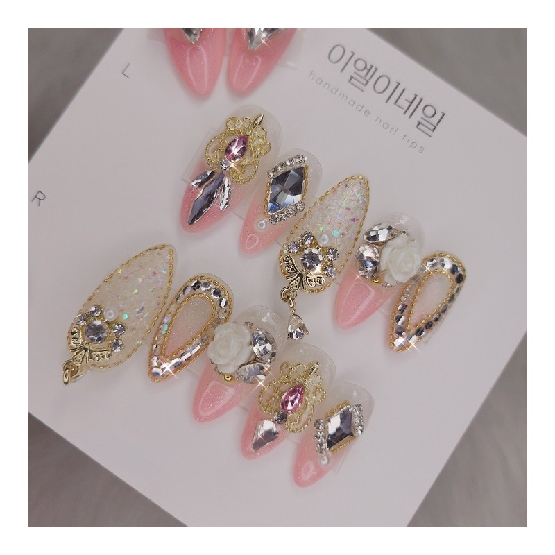 [Premium Nails] Pink Gradient Dangle Parts Handmade Nail Tips -
