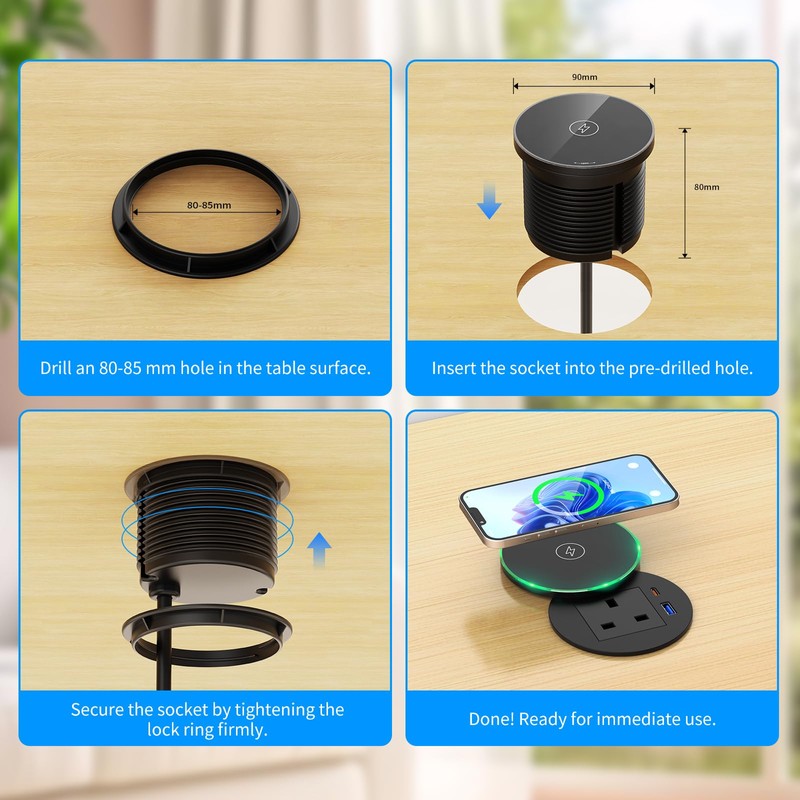 Ohuo Recessed Power Socket with 15W Wireless Charger, Desk Grommet