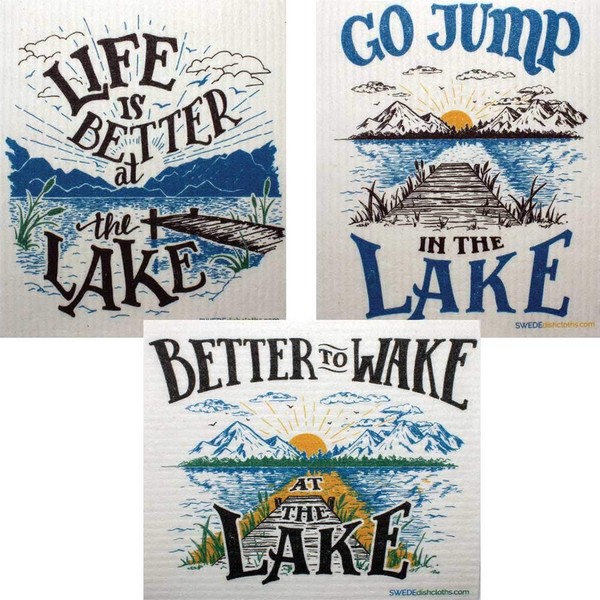 Swedish Dishcloths Mixed Lake Life Set of 3 Cloths (One of Each Design) | ECO Friendly Reusable Absorbent Cleaning Cloth
