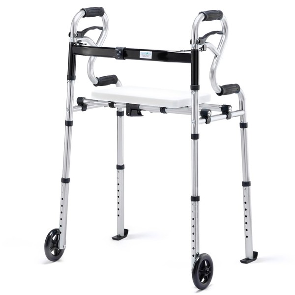 4 in 1 Folding Walker with Seat by Health Line Massage Products, Width Adjustable Folding Walkers with 5” Wheels and Extra 2 Skis, Compact Adults Walker for Seniors Support Up to 350lbs Sliver