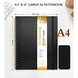 UEBZFOCS Spiral Notebook Journal 8.5 x 11, A4 Large Notebooks for Women Men, College Ruled Lined Journal, 100 GSM Paper, Plastic Hardcover Spiral Bound Journals for Work School Note Taking Business, Black