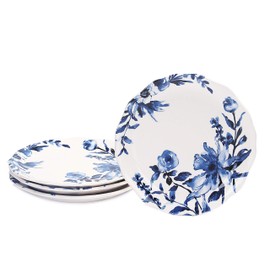 Bico Watercolor Blue Flower Ceramic 8.75 inch Scalloped Salad Plates, Set of 4, for Salad, Appetizer, Microwave & Dishwasher Safe