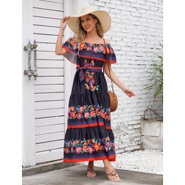 Mexican Dress for Women, Cinco de Mayo Dress for Women, Off Shoulder Floral Print Long Maxi Dress Summer Beach Casual Floor Length Traditional Mexican Dress with Belt Black M