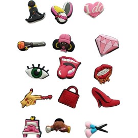Girly Makeup Shoe Charms (for crocs - jibbitz inspired) - 15 pins (purse, make-up brush, eyelashes, lips, diamond, heart, chakras, powder, high heels, etc.)