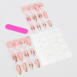 White French Press on Nails Medium Almond WLGDLH Gold Edge Fake Nails with 3D Flower Pearls Design Nude False Nails French Tip Nails Gel Acrylic Nails Glossy Glue on Nails for Women 24Pcs