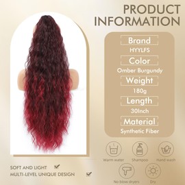 HYYLFS Claw Clip in Ponytail Extension 30 Inch Long Wave Curly Pony Tail Hair Extensions for Women fluffy Natural Looking Synthetic Hairpiece for Daily Use.(Omber Burgundy, 30Inch)
