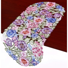 GRANDDECO Flowery Table Runner, Cutwork Embroidered Floral Flower Dresser Scarf for Home Kitchen Dining Tabletop Decoration (Runner 13×34inch, Flower-1)