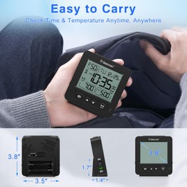 Geevon Small Digital Alarm Clock for Heavy Sleepers, Portable Travel Atomic Clock with Battery Powered, Compact Desk Table Clock with Auto Light Night, Dual Alarms, 8s Backlight for Bedroom, Black